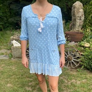 As You Wish Blight Blue White Drop Dress Ruffles and Tassels Small